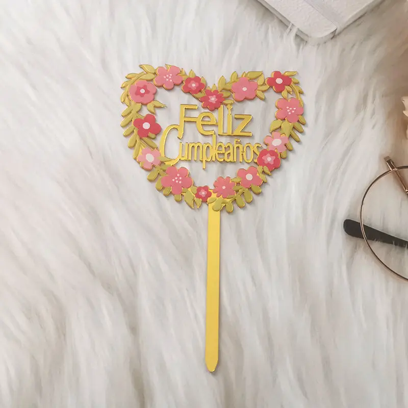 Neuer spanischer Tortenaufsatz „Happy Birthday“, goldfarben, schwarz, Acryl, Geburtstagsparty, Tortenaufsatz für Babyparty, Dessert-Dekoration – Detail 2