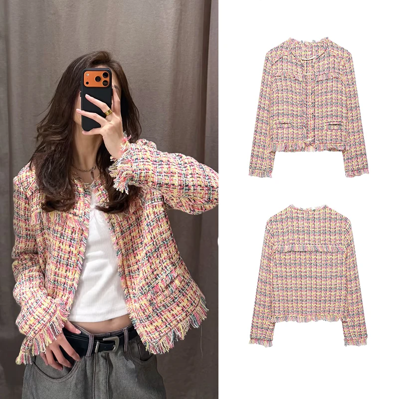 Autumn Women Round Neck Tweed Short Blazer Fringe Detail Colorful Woven Jacket Elegant Commute  Banquet Look