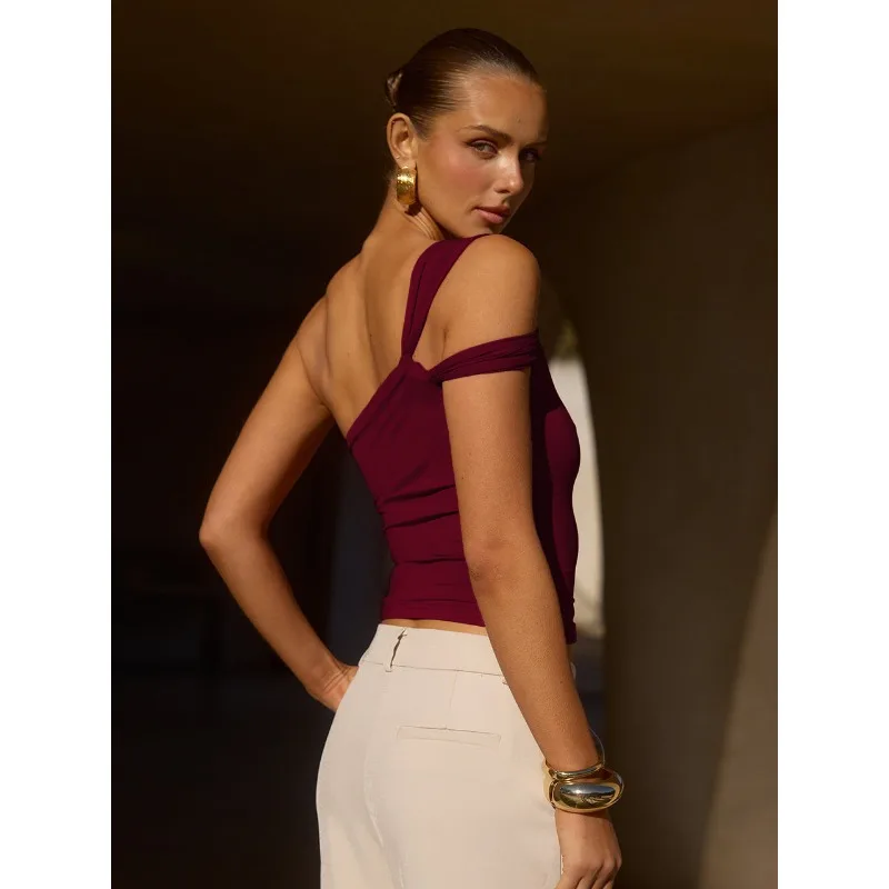 2025 カジュアル シンプル ベーシック サマー タンクトップ エレガント ノースリーブ 無地 ラッフル クロップトップ Y2K 春 オフショルダー キャミソール ベスト