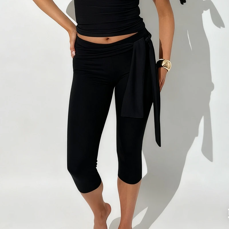 Womens Capri Pants Leggings Fashion ElasticHigh Waist Y2k Side Wide Straps Tied Knotted Slim Fit Going Out Cropped Trousers