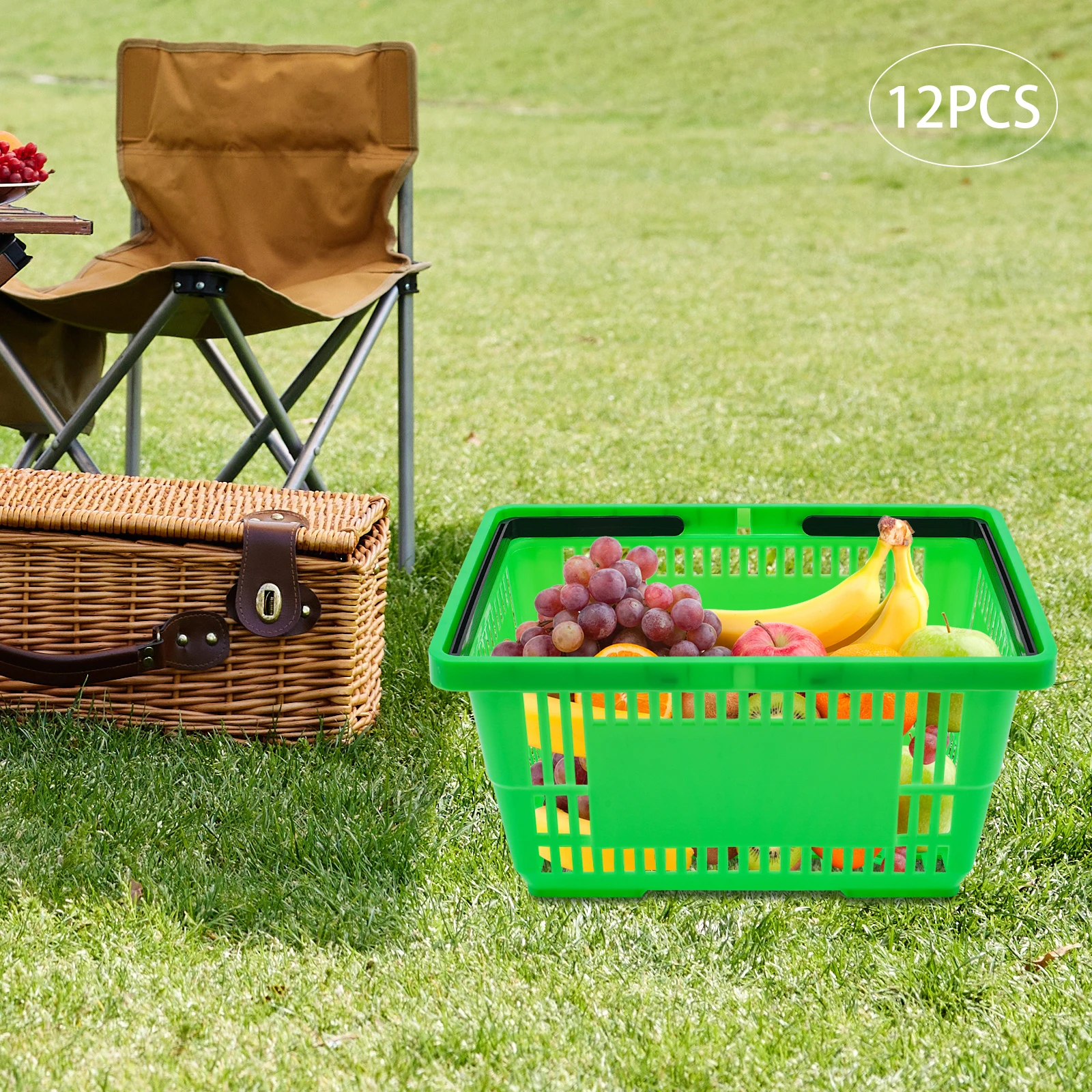 سلة تسوق سوبر ماركت محمولة باللون الأخضر مكونة من 12 قطعة، سلة تخزين سعة 7.4 جالون/28 لترًا بمقبض (44.09 رطلًا) #2