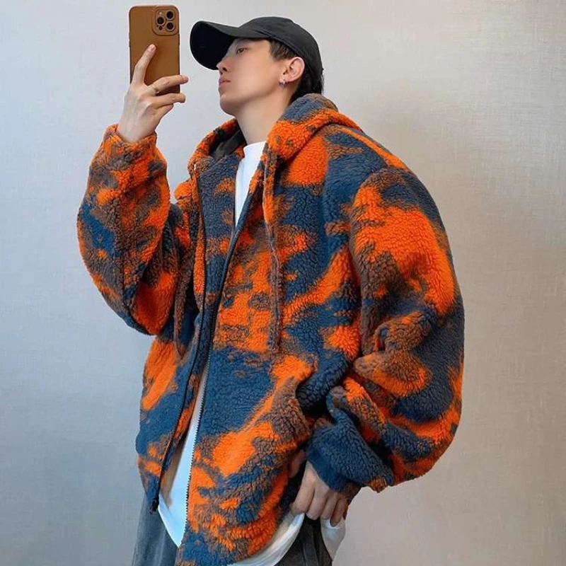 

Мужская толстовка-худи с принтом тай-дай, зимняя, оранжевая, с принтом пламени, на флисовой подкладке, толстое пальто, оверсайз, на молнии, уличная одежда