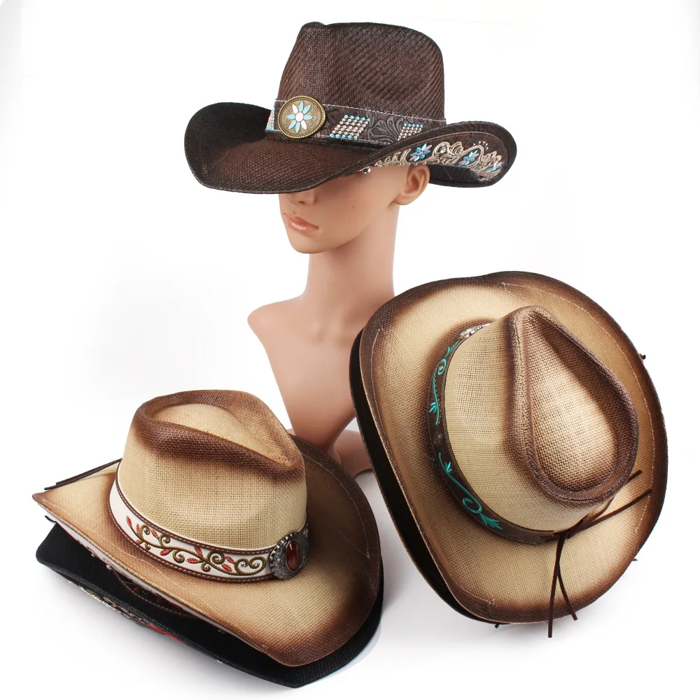 Patchwork Embroidery Pu Men's And Women's Ethnic Style Straw Hats, European And American Western Cowboy Hats, Curved Brim Hats