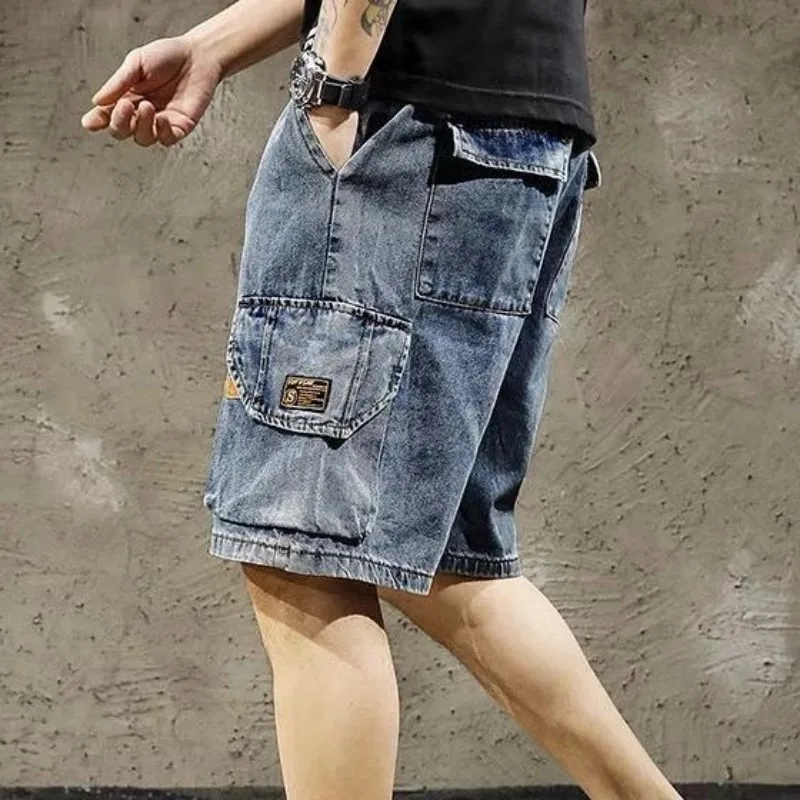 Male Denim Shorts Loose Cargo Baggy Wide Men\'s Short Jeans Pants Drawstring Sale Harajuku Cowboy Vintage Original Y2k Fashion Xl