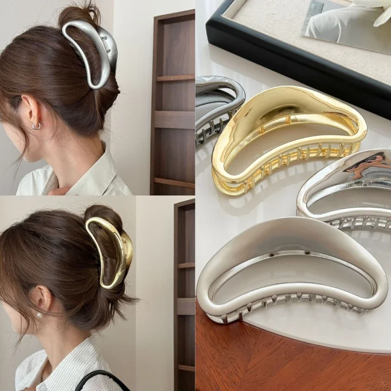 Simple Frosted Alloy Hair Claw Hollow Crescent Shaped Hair Grab Clip Large Shark Clip Back of The Head Metal Women Ponytail Clip