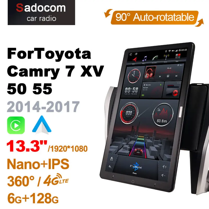 1080P Android 10.0 for Toyota Camry 7 XV 50 55 2014-2017 Car Radio Video Audio 13.3'' IPS Rotatable 360 6GB 128GB Tesla Style