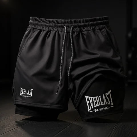 Shorts de ginástica de compressão masculino, calças esportivas estampadas EVERLAST, camada dupla, secagem rápida, basquete, músculo, fitness RL0365