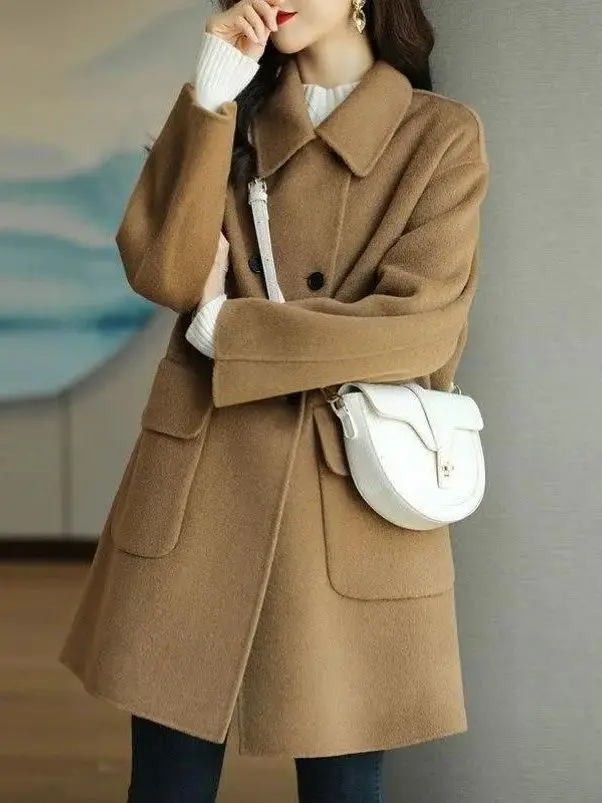 Stylish Mid-Length Woolen Coat Autumn Winter plus Size Fashionable Label Removed High Waist Korean Style Long Sleeve Jacket