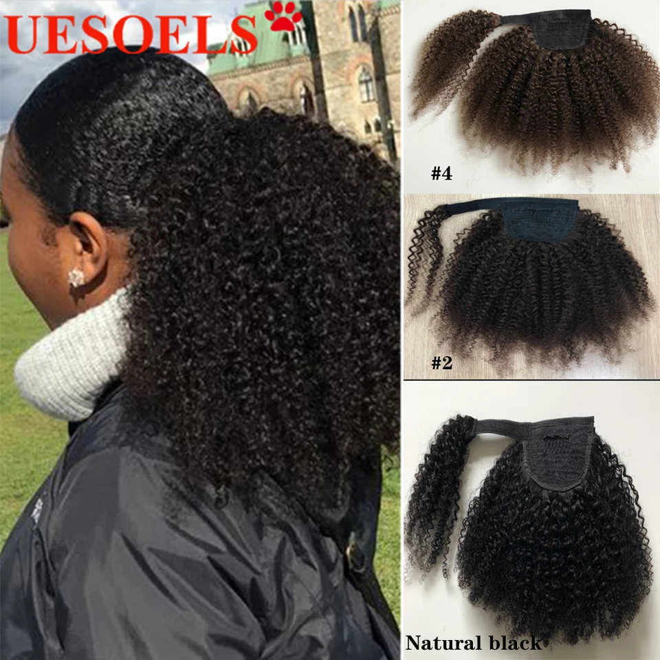 Envoltura alrededor de Clip rizado Afro en cola de caballo extensión de cabello humano brasileño 8 "-20" 100% cabello humano Remy para mujeres en tienda Uesoels