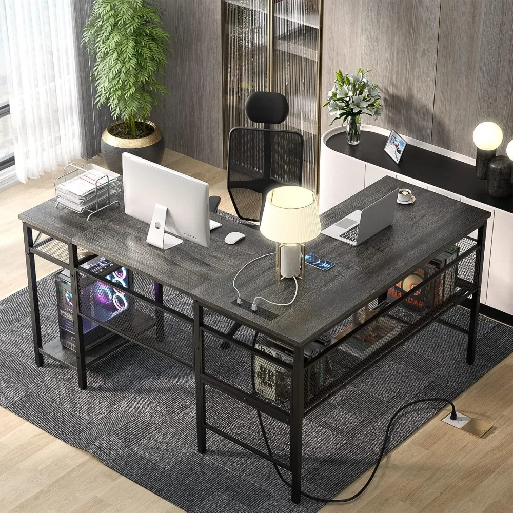 L Shaped Computer Desk with USB Charging Port and Power Outlet, Reversible Corner Desk with Storage Shelves, Industrial 2 Person