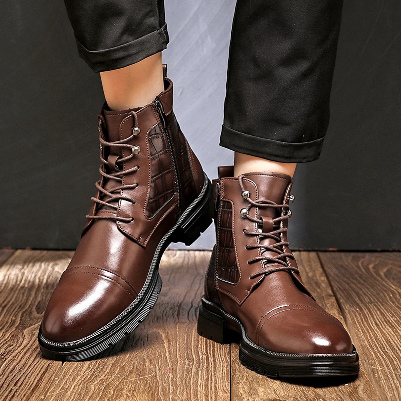 Men High Top Boots with PU Splicing Flat Bottom Fashionable  Classic Business Bare Boots