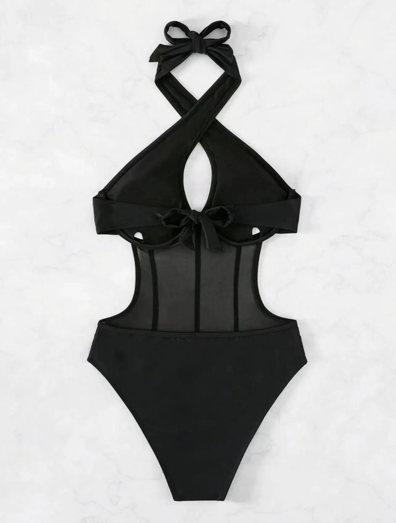 2025 Contrast Mesh Cut Out Halter Swimsuit One Piece Solid Swimwear Women Push Up Bathing Swimming Swim Suit Female Beach Wear