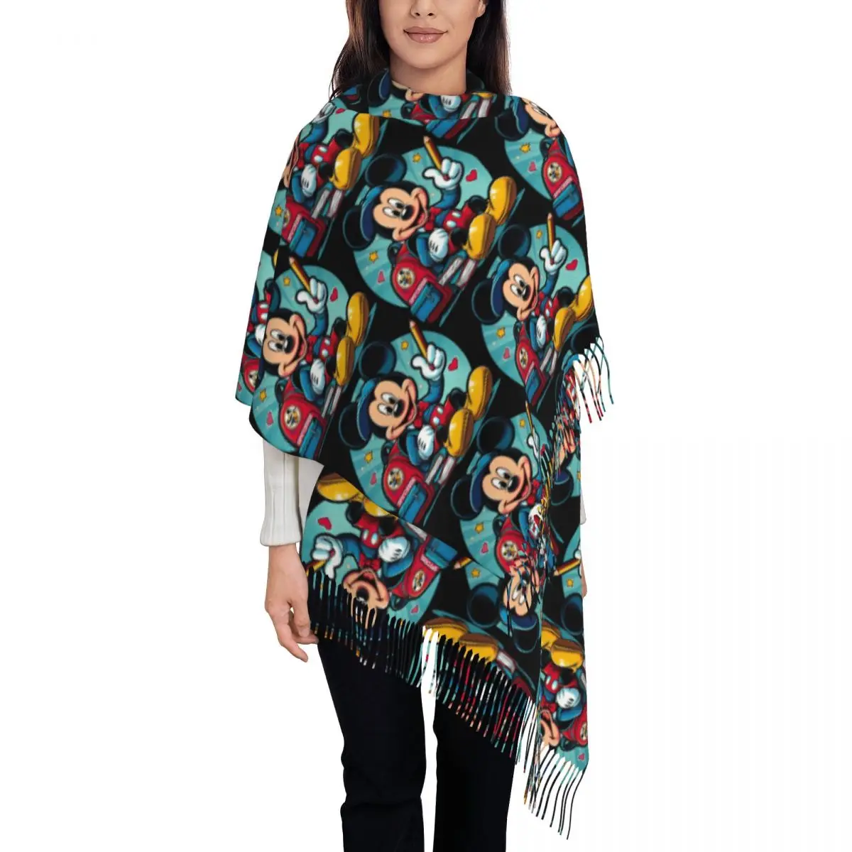 

Custom Mickey Mouse Student Scarf Wrap for Women Long Winter Fall Warm Tassel Shawl Unisex Scarves