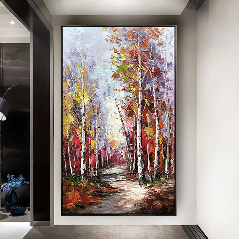 

High Quality 100% Hand-Painted Abstract Oil Painting Landscape Wall Art Picture Indoor Birch Forest Mural For Living Room Decor