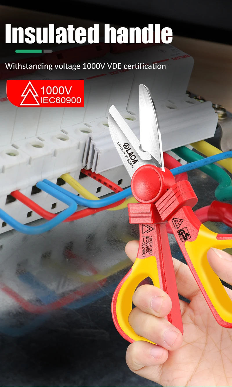 LAOA VDE Elektrikerschere 1000 V isolierter Kabelschneider, gebogene Drahtschere, Crimpwerkzeuge – Detail 10