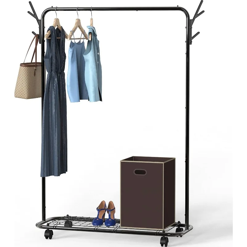 

Industrial Style Garment Rack With Wheels And Hooks, Black