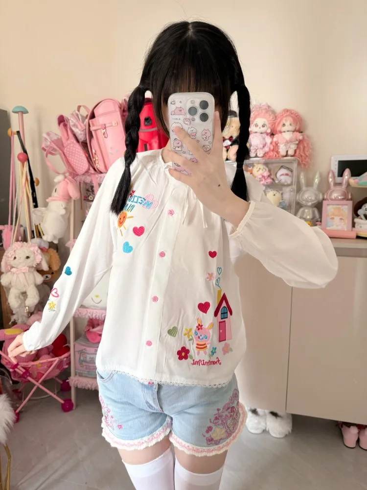 Japanese Kawaii Cartoon Embroidery Cute Lolita Blouse Women JK Cute White Blusas Y2k Aesthetic Loose Blouse Tops Chemisier Femme