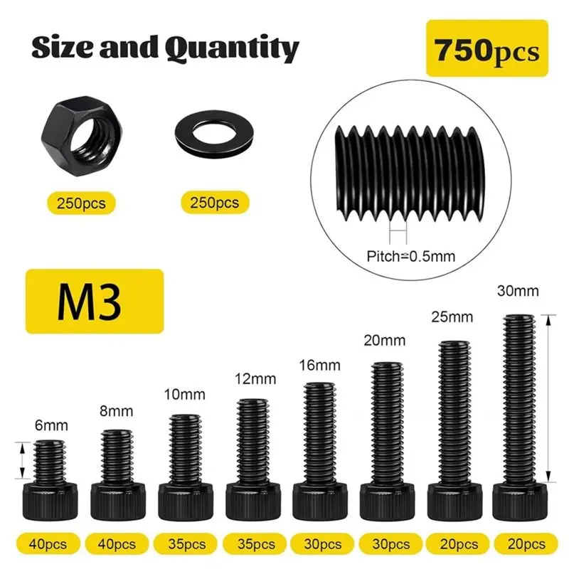 ABRU-750PCS M3 Screws Assortment Kit, M3x6/8/10/12/16/20/25/30 Mm Hex Socket Head Bolts For 3D Printer,DIY