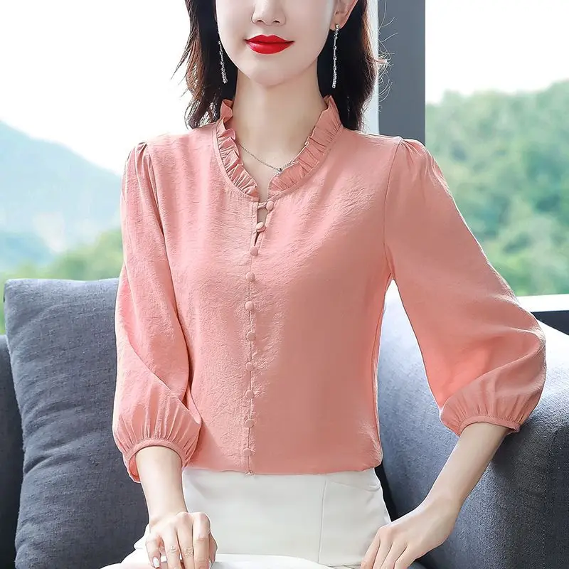 Fashion Elegant Blouses Solid Color Patchwork Button Ruffled Three Quarter Sleeve Summer Thin Simplicity Women\'s Clothing 2023