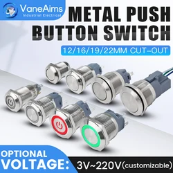 Waterproof Metal Button Switch 12/16/19/22mm LED Light Momentary Latching Power Switch 12V 24V 220V Red Blue Green Yellow White