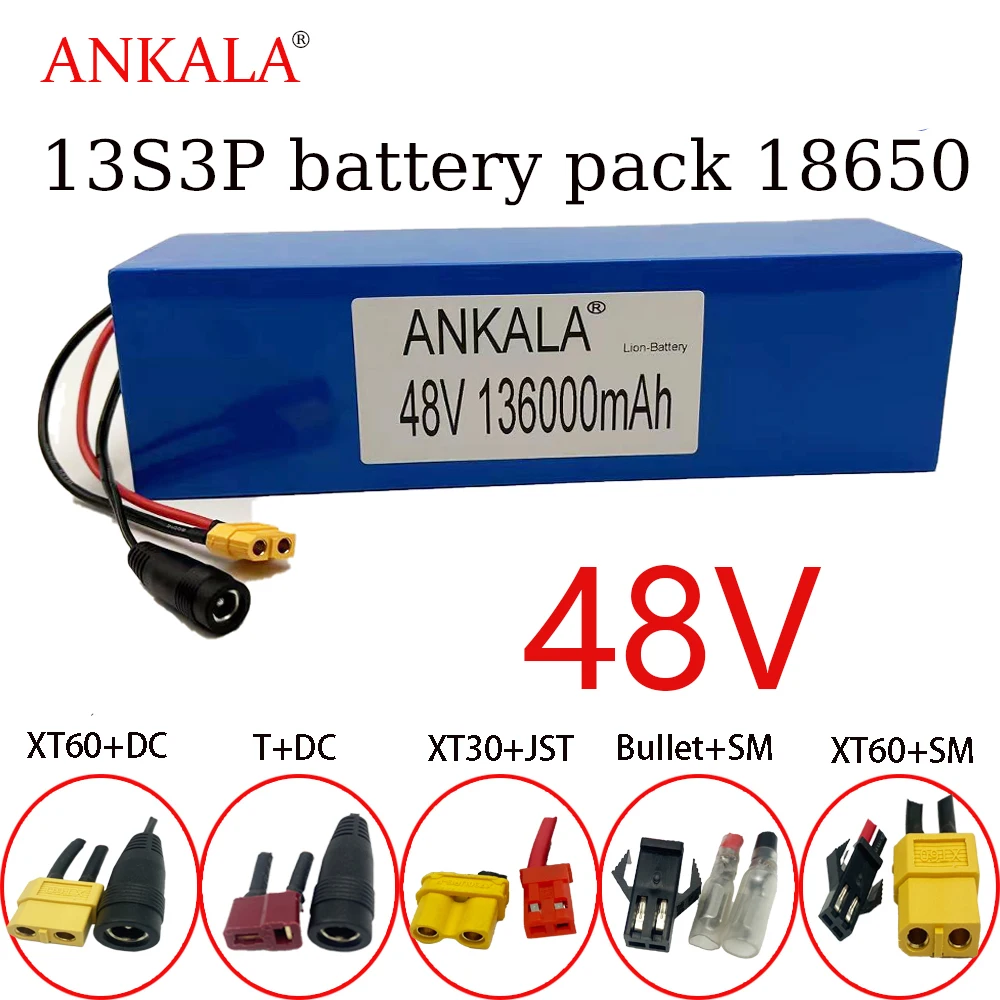 

New 48V Battery 13s3p 136000mAh Battery Pack 1000W High Power Battery Ebike Electric Bicycle with Xt60 Plug