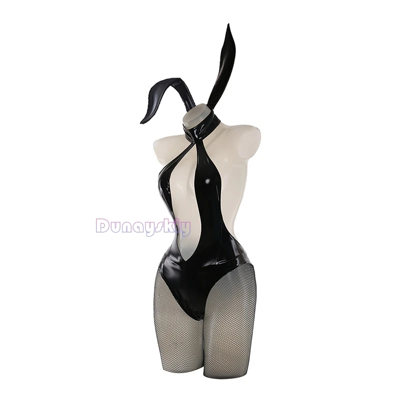 Japanese Illustration Bunny Girl Uniform Deep V-neck Hollow Leather Bodysuit Headband Mask Outfits Cosplay Costumes