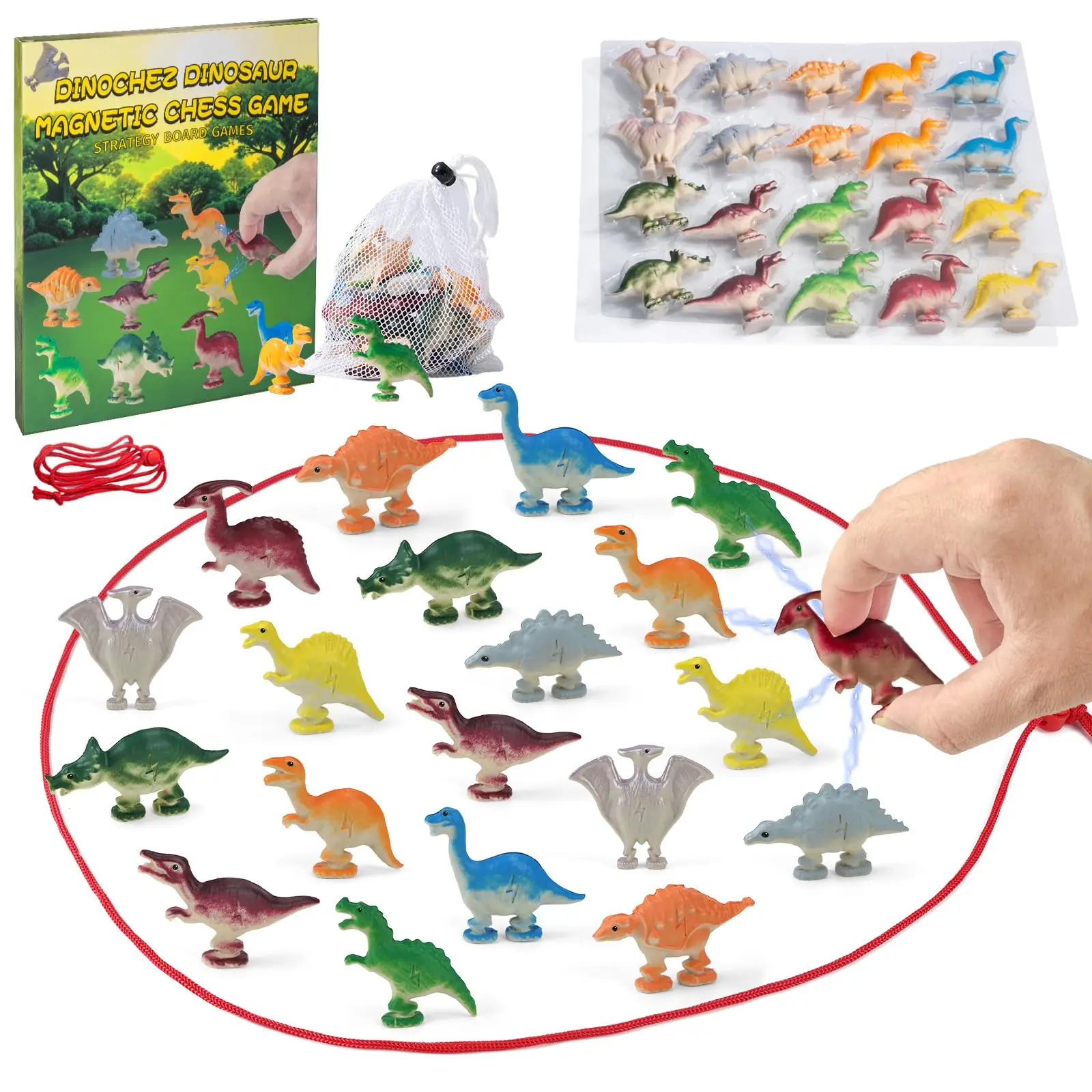 Dinosaur Magnetic Chess Game Set , 20 Pcs Dinosaur Stones, 1 String Storage Bag, Strategy Board Games Chess Set for Kids