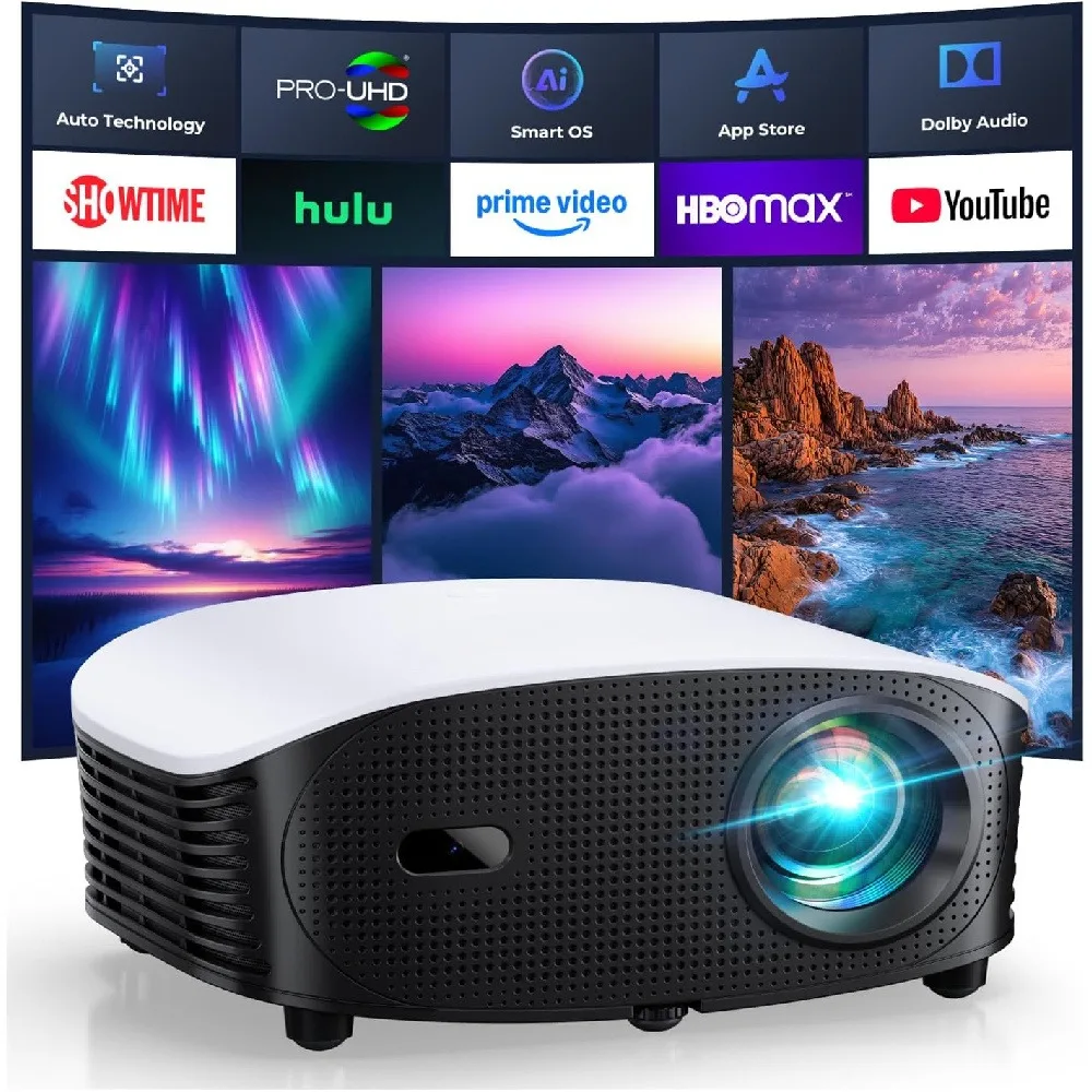 Mini Proyector Inteligente con IA, WiFi, Bluetooth, Compatible con Netflix/YouTube, Enfoque Automático, Audio Dolby, Proyector de Películas para Exteriores