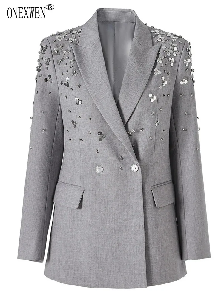 ONEXWEN Womens Grey Blazer With Sequin Elegant Double Breasted Suit Jacket Sparkly Beaded Design Party Fashion ZM869