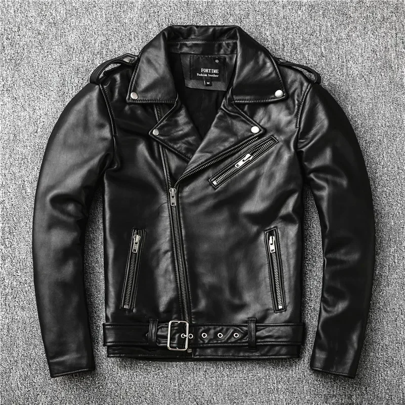 Classical Perfecto Jacket Motorcycle leather Jacket Men 100% Natural Sheepskin Men Black Genuine Leather Coat Slim Moto Jacket