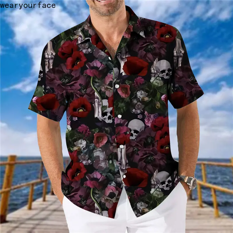 

Florals Skull Shirts Printed Hawaiian Graphics Dress Shirt Buttons Short Sleeve Thin Streetwear Beach Casual Men Clothing