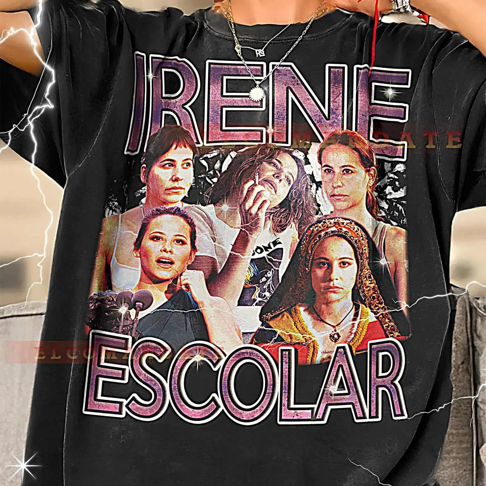 Camiseta Vintage Retro de Irene Escolar con Diseño de Collage de Juana La Loca, Estilo Bootleg Rap, Lavada, para Uso Diario, Ligeramente Desgastada