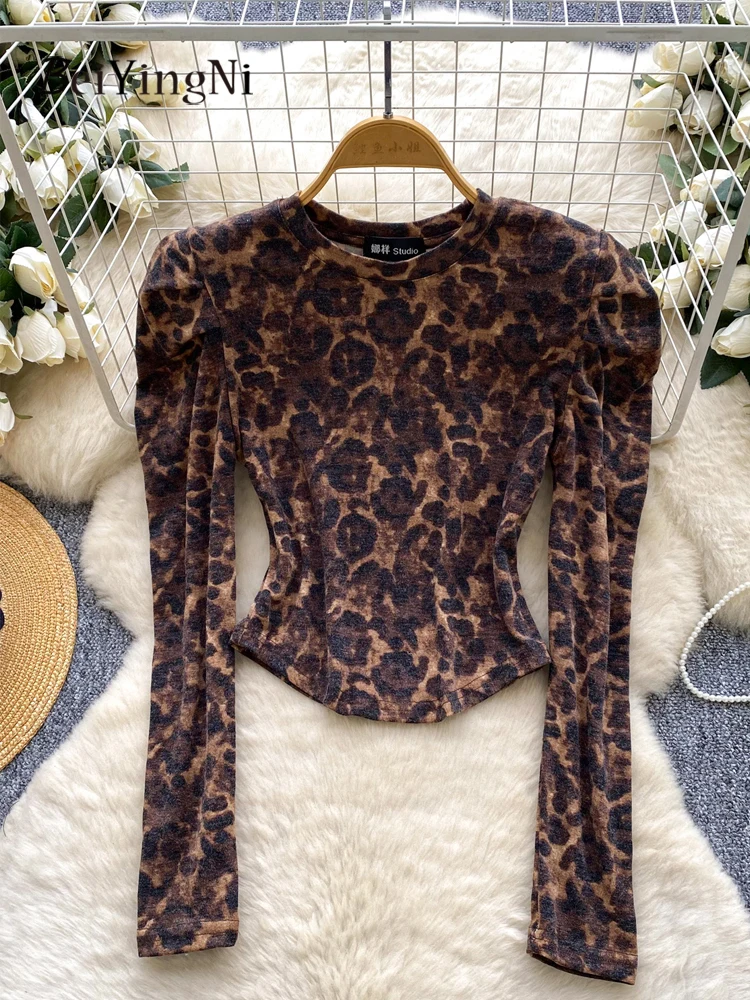 

Beiyingni 2025, стильная женская футболка с круглым вырезом и пышными рукавами, уличные женские топы с леопардовым принтом и длинными рукавами, винтажные футболки Harajuku Y2K