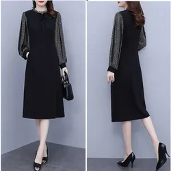 Elegant Ruffled Neck Spliced Printed Bow Midi Dress Women's Clothing Spring Summer New Loose Office Lady Ladies Dresses