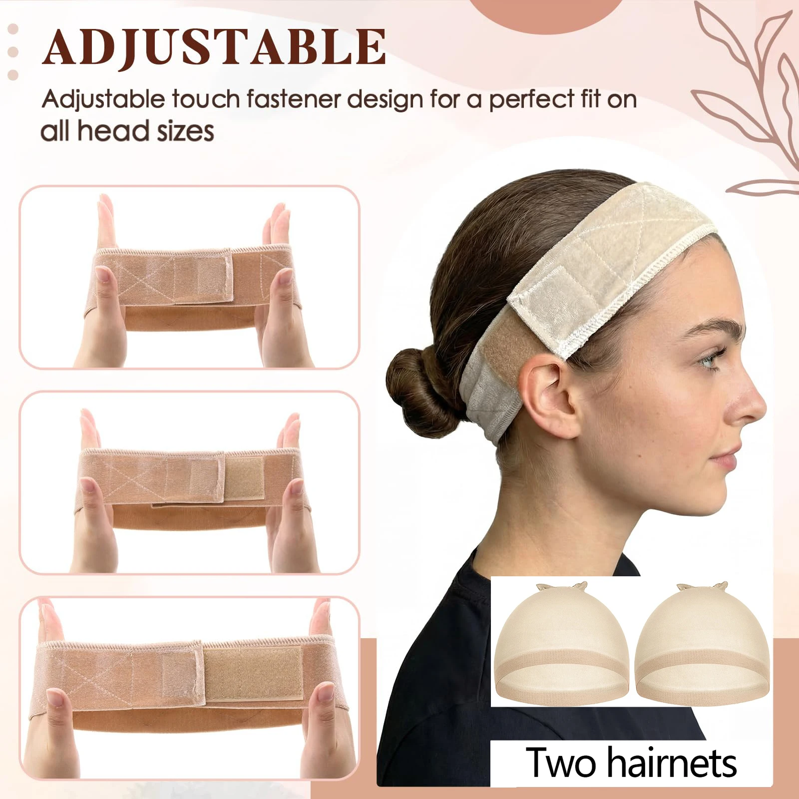 1 Pack Velvet Wig Grip Band with 2 Clear Wig Hair Nets, Adjustable Fastener No Slip Reinforced Wig Headband, Comfortable Secure