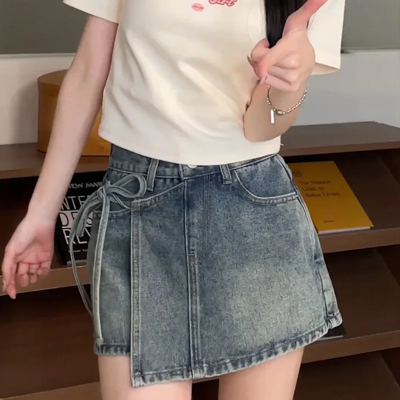 النساء عالية الخصر ألف خط الدنيم السراويل الكورية نمط الإناث غير النظامية وهمية قطعتين سراويل قصيرة بلون الصيف الملابس الرجعية