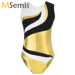 Kids Girl Ballet Dance Leotard Sports Gymnastics Workout Bodysuit Sleeveless Rhinestone Contrast Color Ballerina Traning Costume