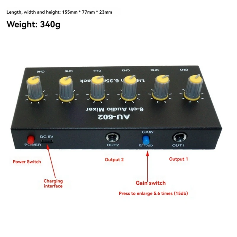 6 Channel Audio Mixer Headphone Microphone Mic Amplifier Hub Distributor 6.35Mm Jack 1/4 TRS Amplifier