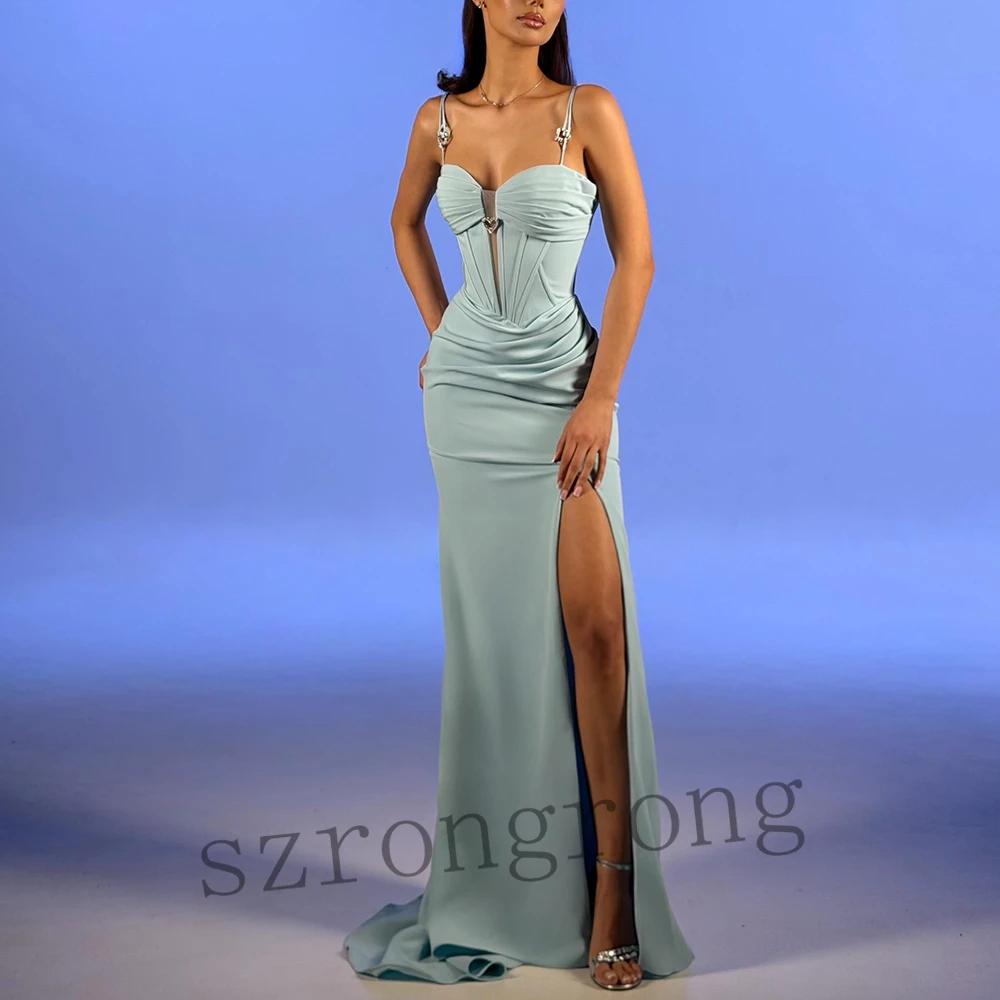 

Customized Spaghetti Straps Sheath Sexy Formal Evening Saudi Dress Pleated Side Slit Floor Length Backless Prom Bridal Dress