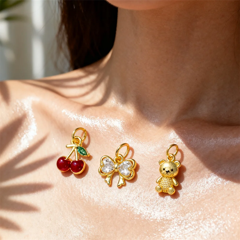 

3Pcs Cherry Bow Bear Pendants Brass Charms Cz Cubic Zirconia Accessories for DIY Jewelry Charms Necklace Bracelet Making Craft