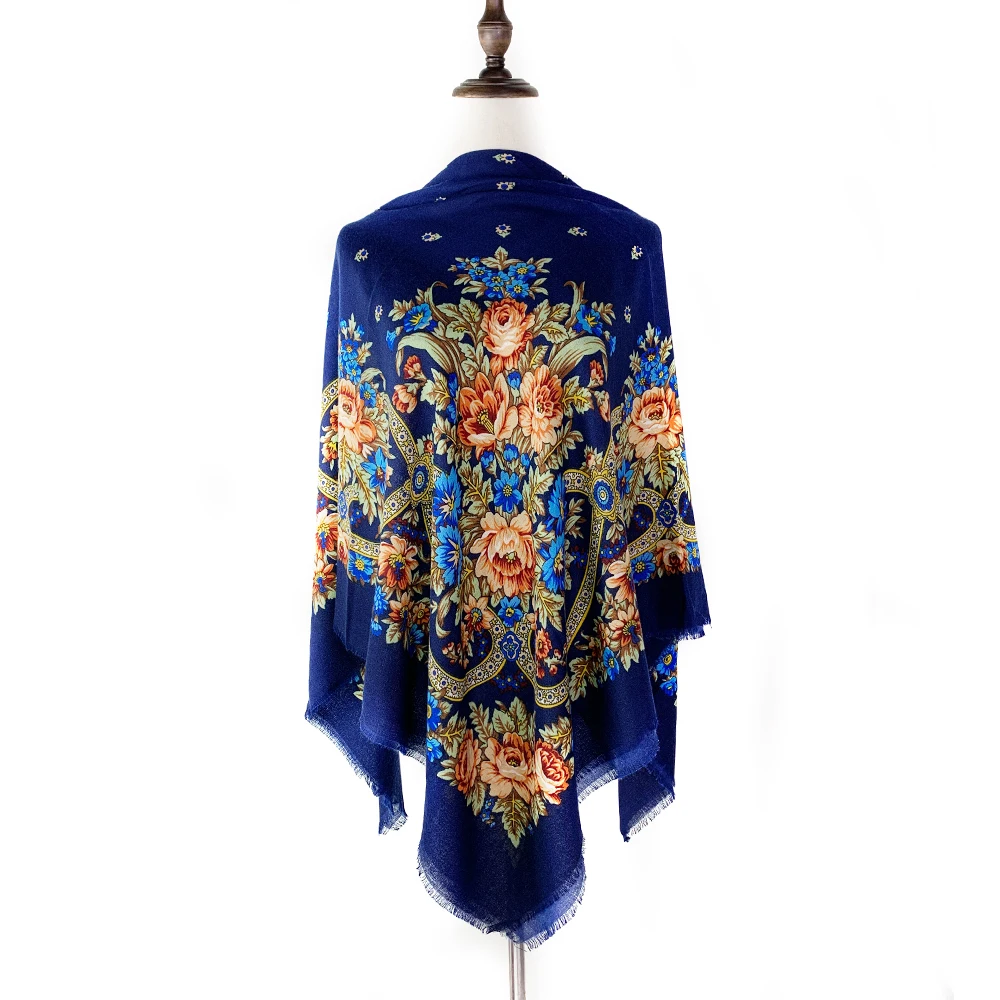 130*130cm Breathable Thin Russian National Square Scarf Women Luxury Floral Print Ethnic Shawl Bandana Foulard Femme Beach Stole