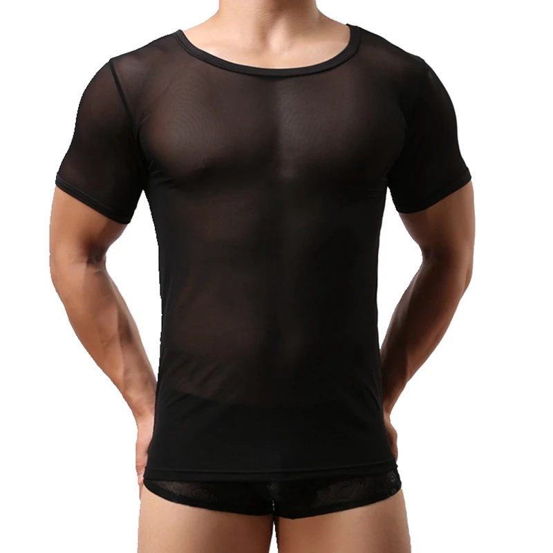 Ice silk T-shirt Sexy Mens Transparent Sheer Mesh Underwear See Through Short Sleeve T shirt Undershirt Fitness Solid Blusas