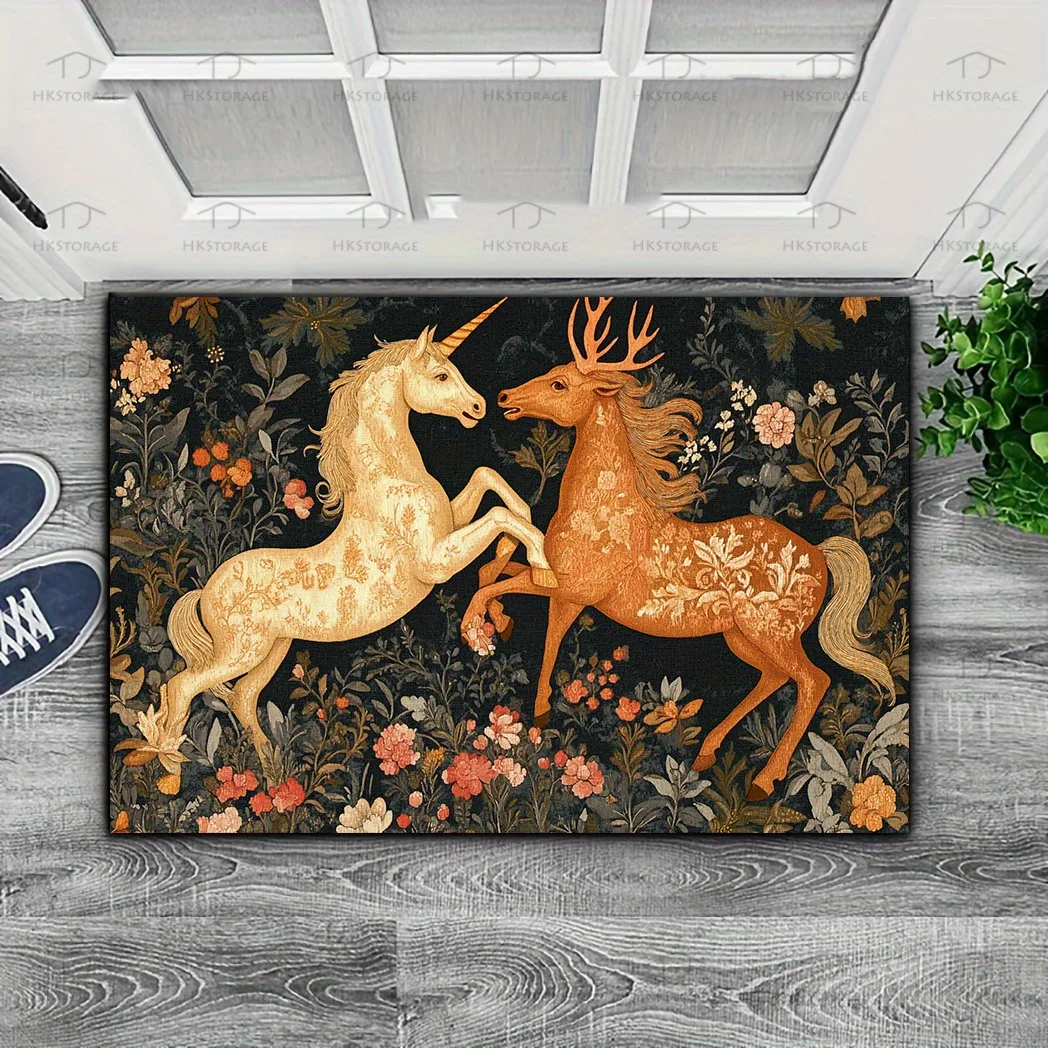 VIKAMA Vintage Animal Floor Mat Medieval Unicorn Deer Floral Art Pattern Anti‑Slip Washable Doormat Entryway Home Decor Rug - view 6