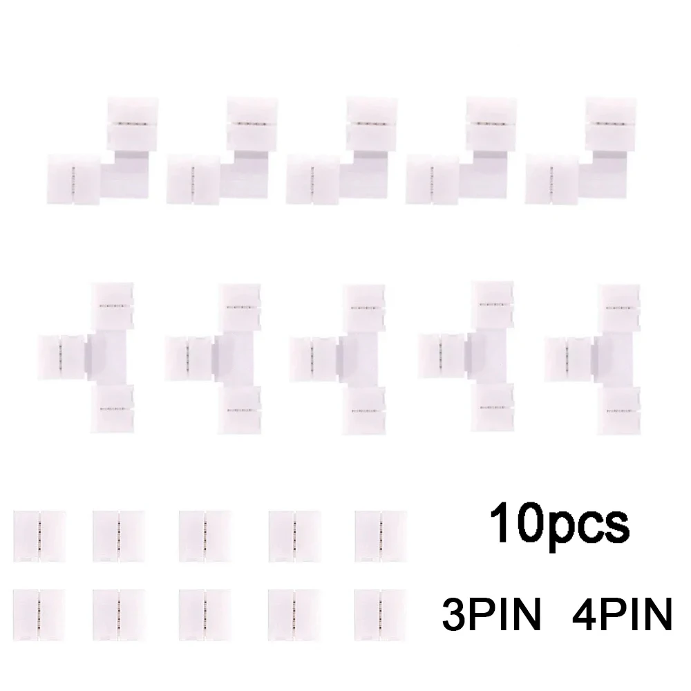 Connecteur sans soudure pour bande LED RGB RGBIC, 3 ou 4 broches, connecteur d'angle en forme de L T pour bande lumineuse Led 10mm 5050 WS2812 WS2811, 10 pièces