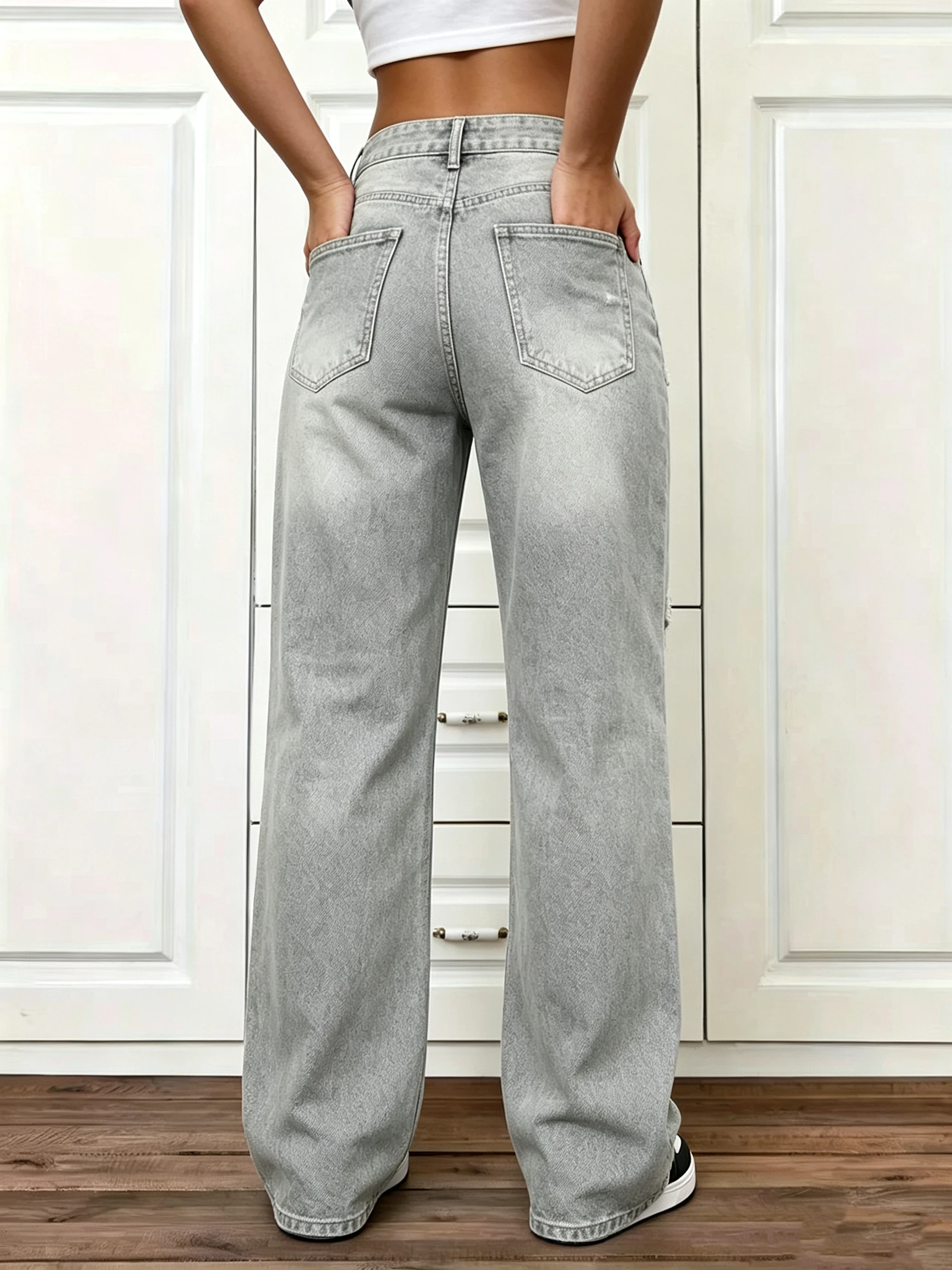 Y2K Street Style Women Gray Big Ripped Jeans High Waist Wide Leg Loose Slim Fit Draping Straight Long Pants
