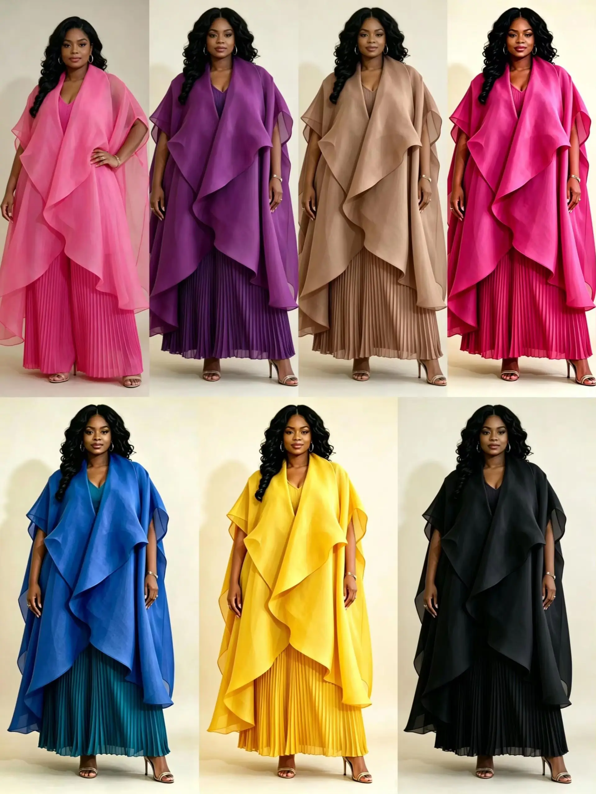 Übergrößen Damen 3-Teiliges Hosen-Set Elegantes Cape-Oberteil und Plissierte Hose Abend-Party-Outfit – Detail 3