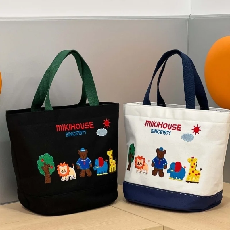 大容量刺繍入りキャンバスランチボックスバッグポータブル弁当箱ホルダーハンドヘルドサーマルバッグファミリーストレージオーガナイザー