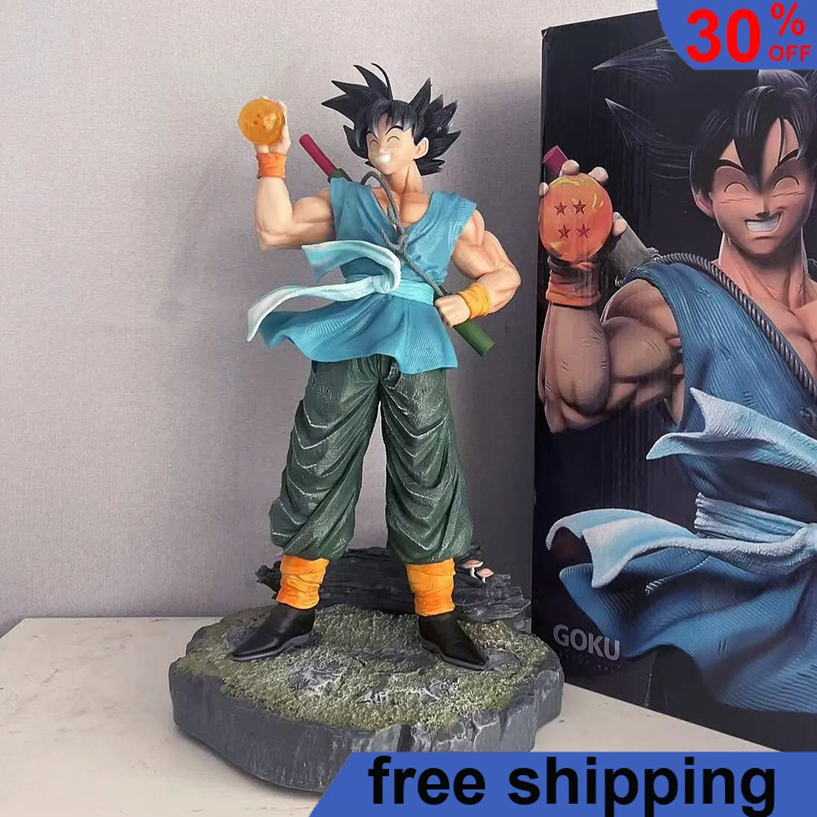 41cm Dragon Ball Anime Super Saiyan Son Goku Happy Laughing Goku Looking for Four Stars Statue Peripherals Birthday Gift Toy Kid