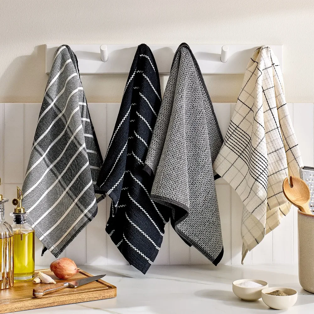 4 Pack Black Cotton Kitchen Towels for Home Use