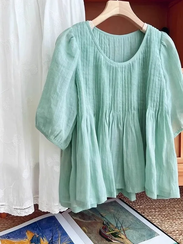 Verano Mint Wave een Peso Pesado Pred Plegable Proc Plisado Algodón Lino Cinco Sve irt Mujer Faion irt